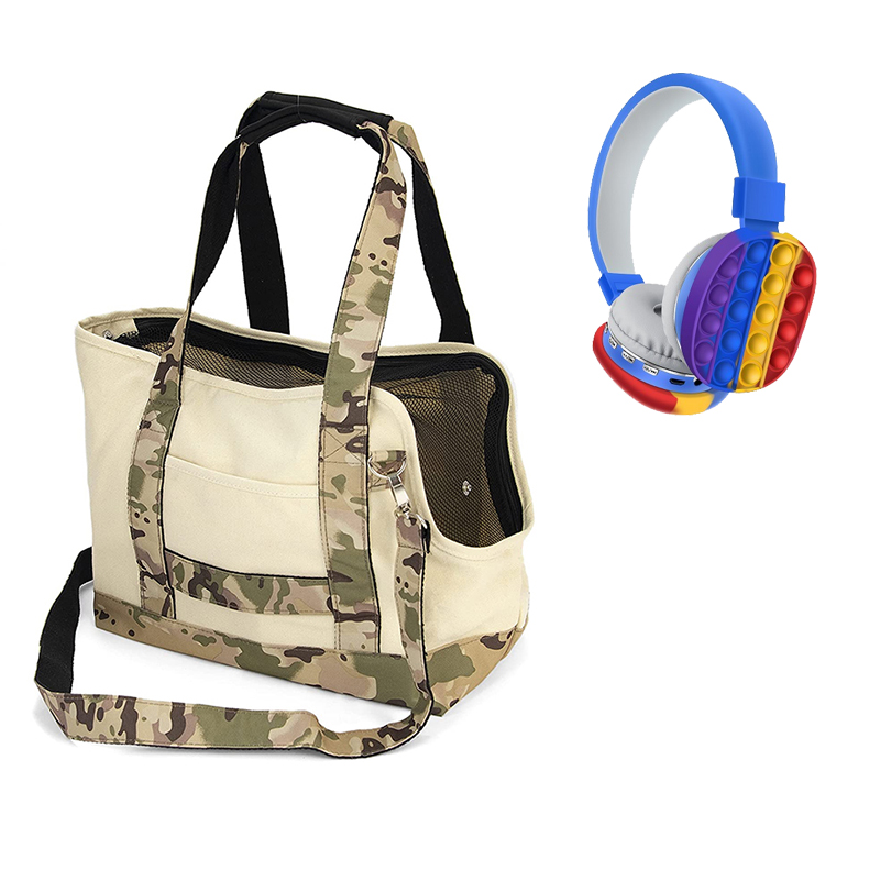 Camouflage Handbag Dog Cat Travel Carrier Tote Purse Bag with Stereo Headset Fashion Earphones